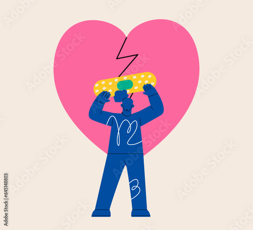 A woman seal the heart with a medical plaster. Concept of taking care of self improvement from disappointment and regret. Colorful vector illustration