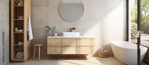 Contemporary bathroom with a white sink  wooden door  tiled floor  and mirror.