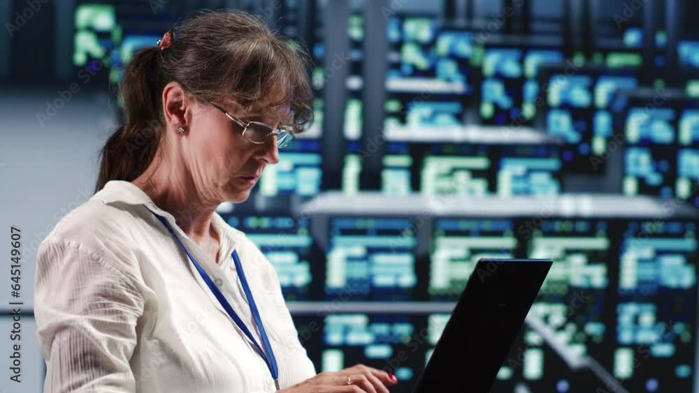 Senior technician in server room equipped to handle modern computing requirements, doing regular upgrades to components, increasing processing power and storage capacity to prevent flaws Senior technician in server room equipped to handle modern computing requirements, doing regular upgrades to components, increasing processing power and storage capacity to prevent flaws