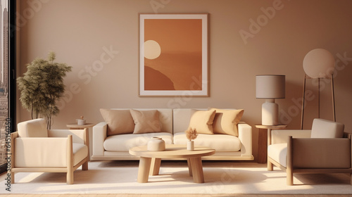 A simple living room set with woven baskets and pillows, in the style of light beige and amber, Generative AI	
 photo