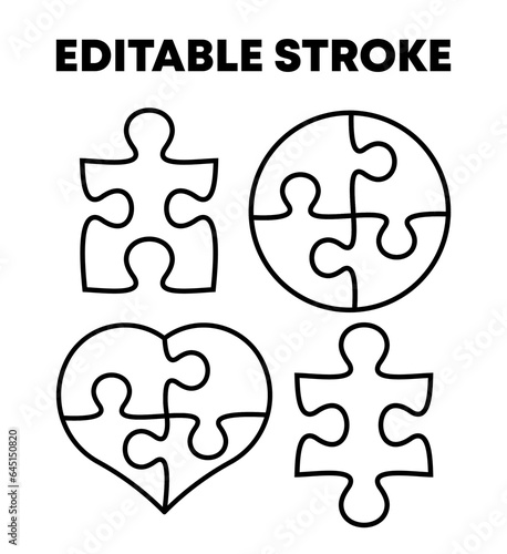 Puzzle pieces outline set isolated on white background. Editable stroke vector.