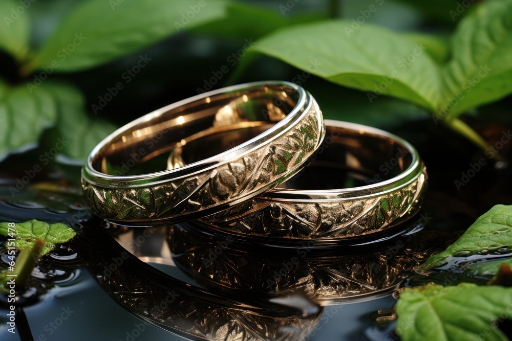 wedding gold ring is decorated with carvings on a natural background of nature.jewelry wedding gold ring is decorated with carvings on a natural background of nature.jewelry