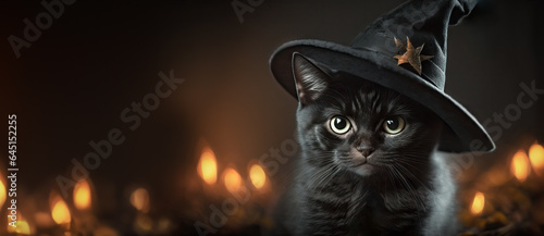 Halloween Magic: Black Cat in Witch Hat - Spooky and Stylish Stock Image.