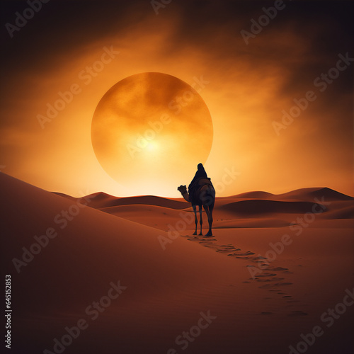 arabian desert at sunset and night with the moon  a man on camel doing a journey  create using generative AI tools.