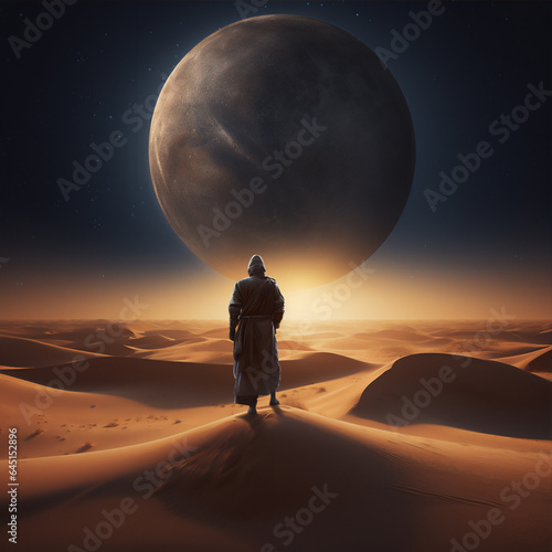 arabian desert at sunset and night with the moon, a man on camel doing a journey, create using generative AI tools. photo