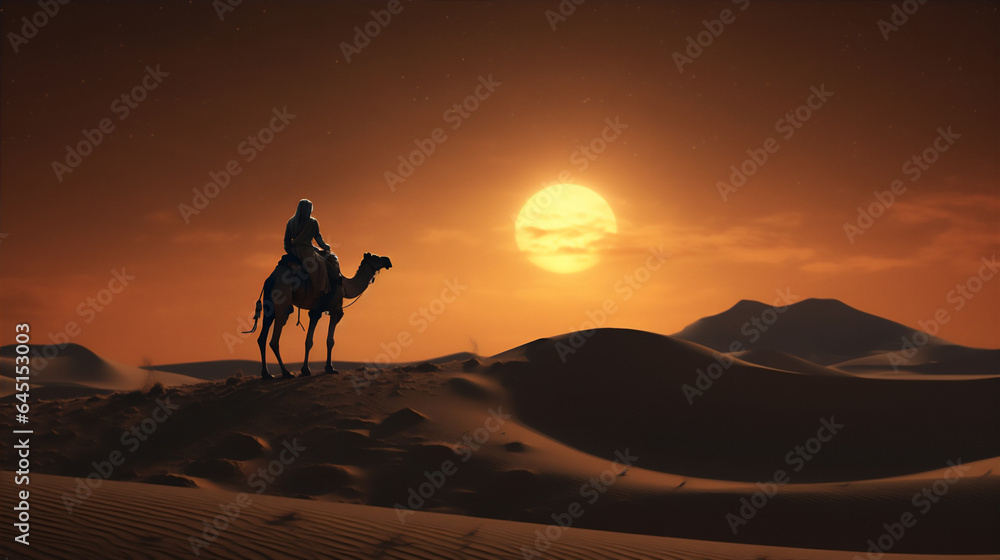 Fototapeta premium arabian desert at sunset and night with the moon, a man on camel doing a journey, create using generative AI tools.