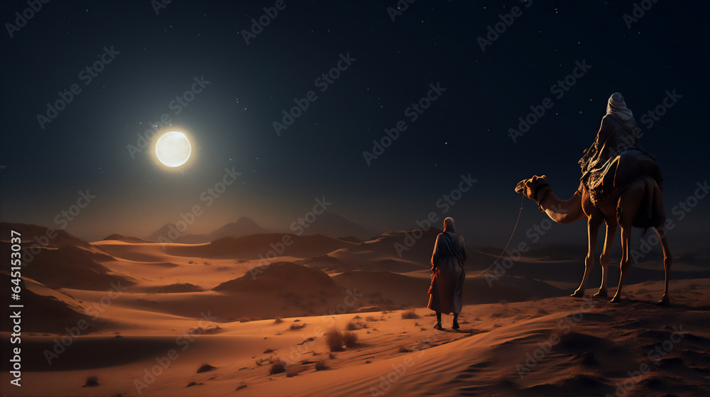 arabian desert at sunset and night with the moon, a man on camel doing a journey, create using generative AI tools.