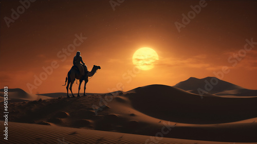 arabian desert at sunset and night with the moon  a man on camel doing a journey  create using generative AI tools.