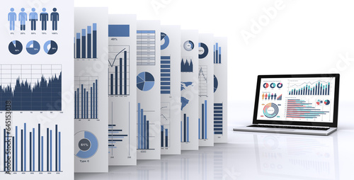 データを表示するノートパソコンとビジネス資料、データ分析・検討のイメージ photo