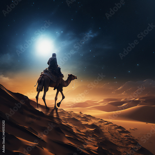arabian desert at sunset and night with the moon  a man on camel doing a journey  create using generative AI tools.