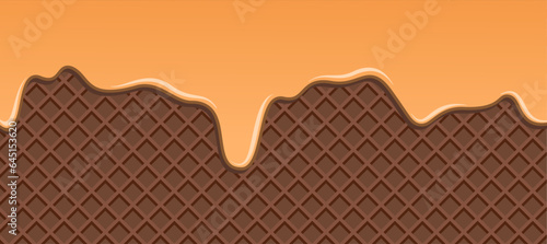 Melted cream drop on Wafer waffle. Ice cream cone vector texture with orange cream melted.