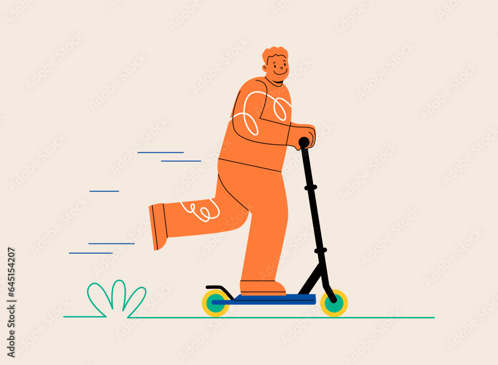 Young man riding kick scooter. Modern people driving eco urban transport. Colorful vector illustration