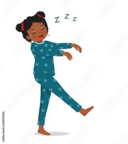 Little African girl in pajamas sleepwalking at night