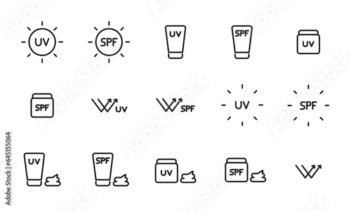 紫外線のアイコンセット/日焼け止め/紫外線対策/紫外線予防/紫外線ケア/イラスト/ベクター