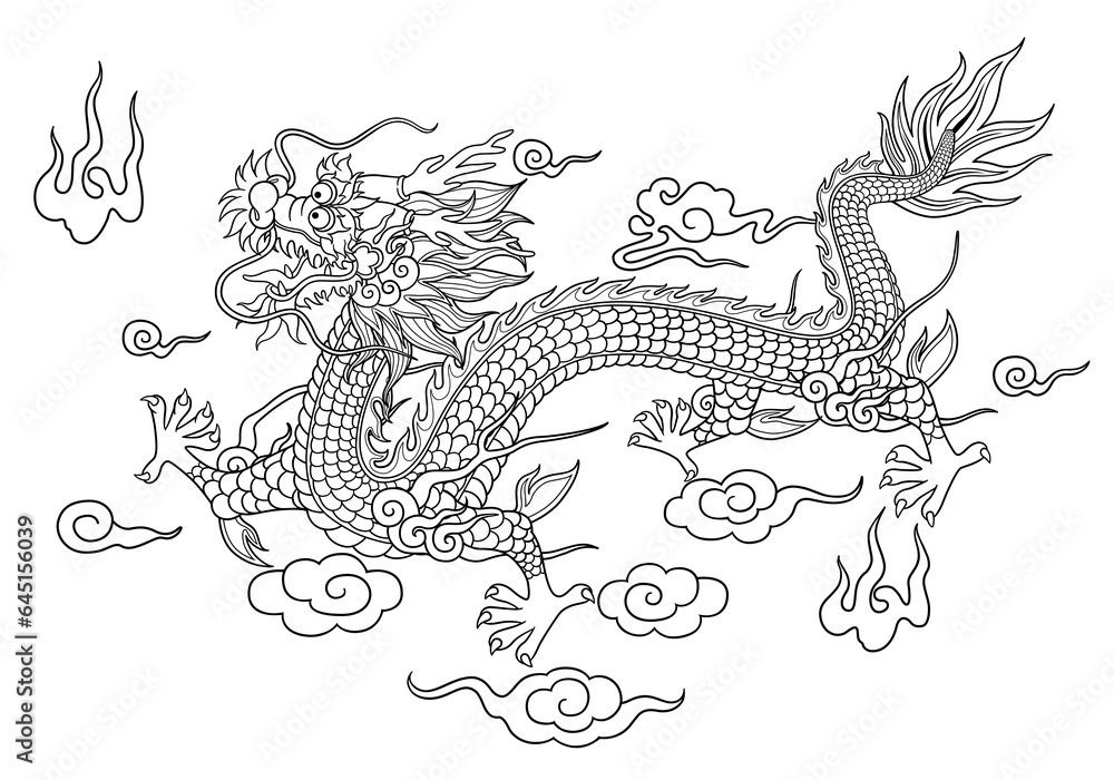 Naklejka premium Culture traditions asia Chinese dragon graphics on a flat colored background.