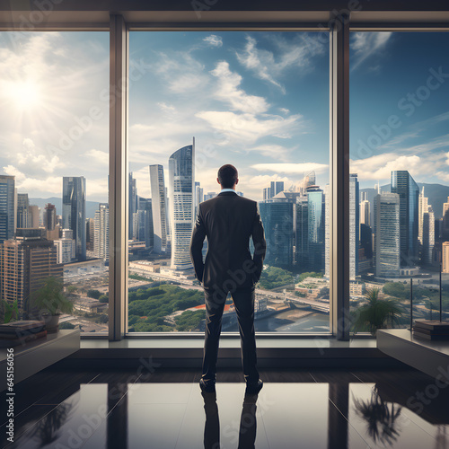 Full length back view of successful businessman in suit standing in office with hands on his waist, CEO looking through window at big city buildings, planning new project, Generative AI