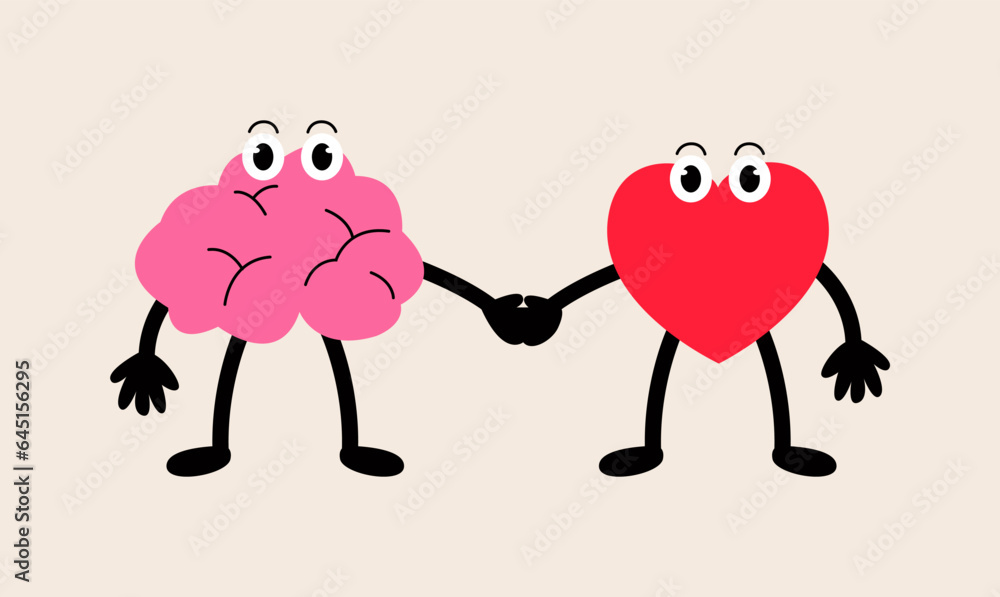 Obraz premium Brain and heart holding hands. Concept of teamwork between mind and feelings. Colorful vector illustration