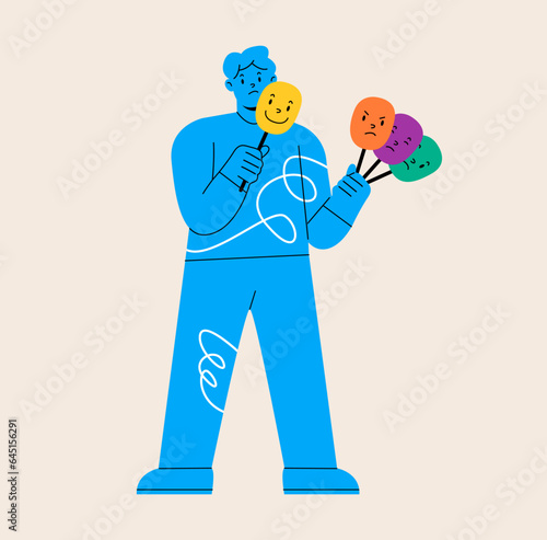 Man holding a mask with different emotions. The young man is confused in his mood. Colorful vector illustration