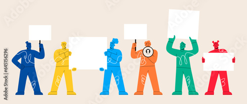 Protest people crowd holding blank signs. Political meeting and protest concept. Colorful vector illustration