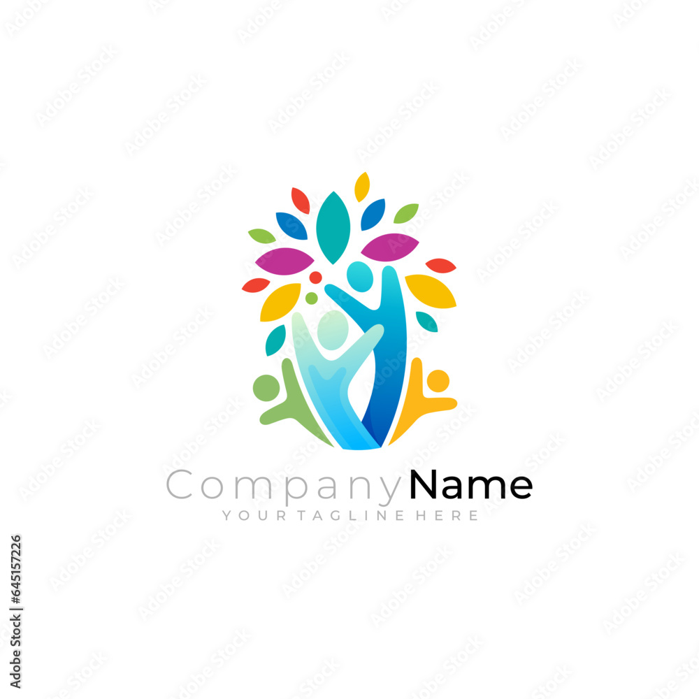 Tree logo with people care design template, colorful design