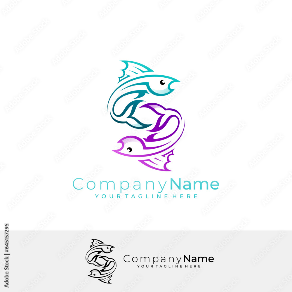 S logo and fish design combination line style design, marine life S logo and fish design combination line style design, marine life