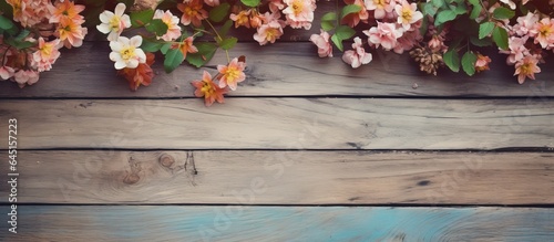 Vintage floral artwork on a wooden floor  with tree backdrop.
