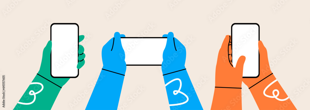 Human hand holding mobile phone with blank screen. Colorful vector illustration - obrazy, fototapety, plakaty 