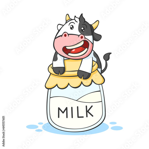 Cute Cow Cartoon Character With Milk Jar
