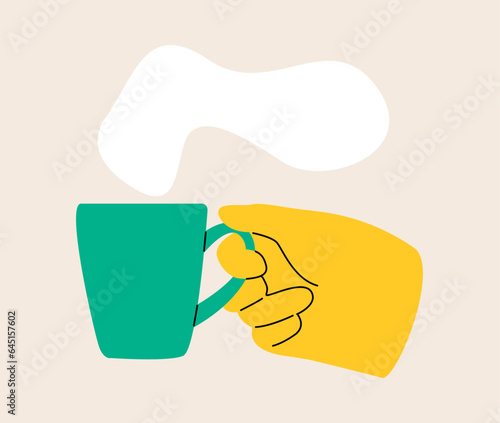 Hand holding a Cup with hot tea or coffee. Colorful vector illustration