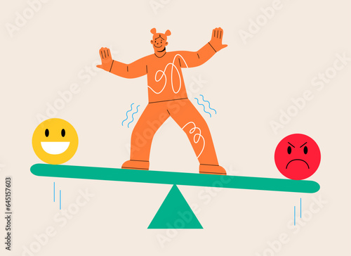 Emotional intelligence, balance emotion. Woman balanced on scales with bad and good. Colorful vector illustration