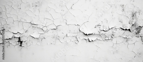Texture background of white cement wall with peeled paint due to water and sunlight, featuring a line of white house paint with black stain.