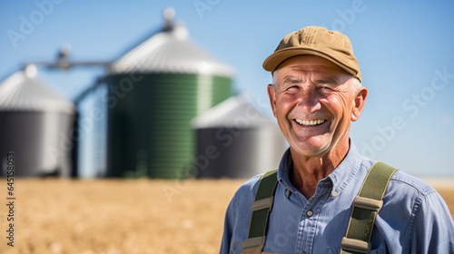 Farmer smiling on a farm Grain silos harvest