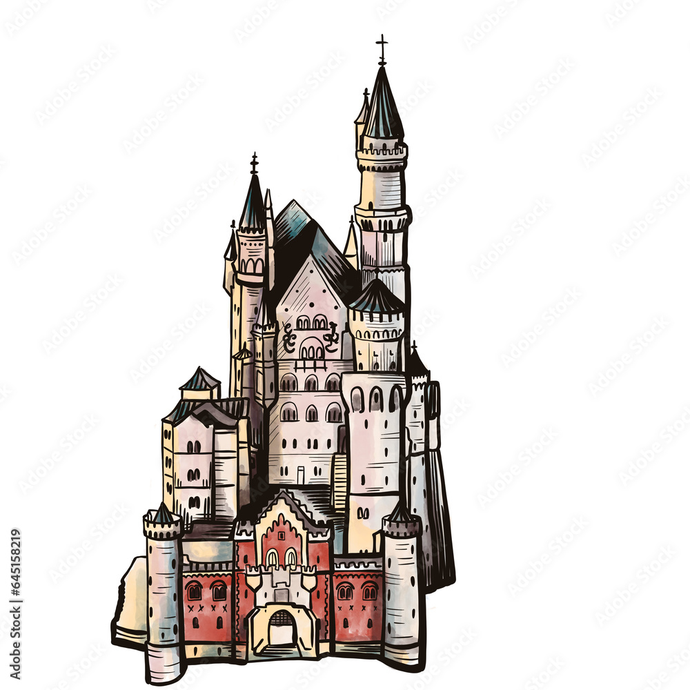 Neuschwanstein Castle, Watercolor illustration