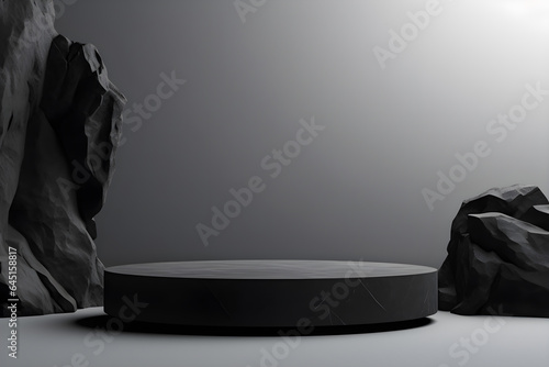 3D black Stone podium for display minimal product display presentation cosmetic products branding, Empty stage platform identity and packaging design, ai generate
