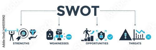 SWOT banner web icon vector illustration concept for strengths, weaknesses, opportunities and threats  analysis with an icon of value, goal, break chain, low battery, growth, check, minus, and crisis 