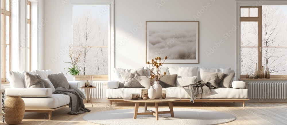 Scandinavian interior design featuring a white sofa in the living room. Scandinavian interior design featuring a white sofa in the living room.