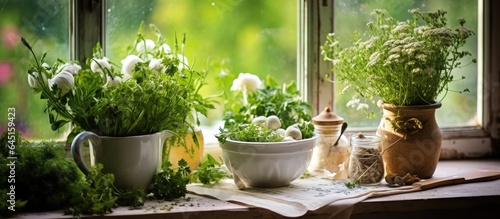 Cooking herbs in pots on windowsill with cutting board in the kitchen.
