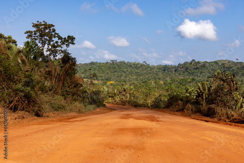 Driving on the famous earth road Transamazonica towards Santarém through the Amazon rainforest in dry season in northern Brazil, South America