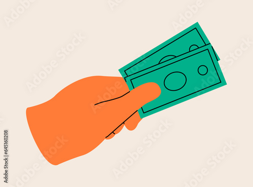 Hand hold banknotes in hand. Colorful vector illustration
