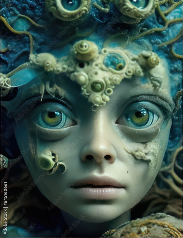Close-up portrait of alien girl with green eyes and blue hair. Generative AI.