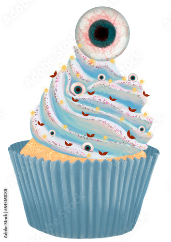 ilustraci√≥n digital de cupcake con ojo y mariposas rojas, sin fondo, para invitaci√≥n o fondo de halloween photo