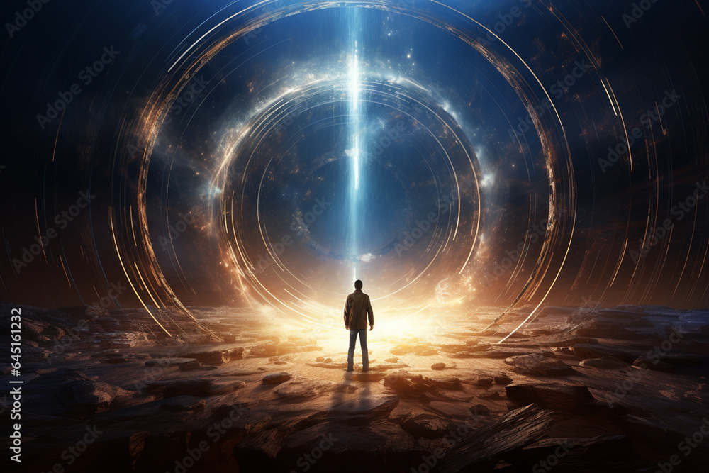 Fototapeta premium Man in dark space with light rays coming from behind. 3D rendering