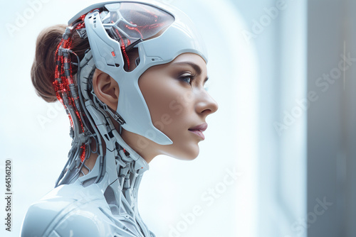 Side view of female cyborg in futuristic space suit looking away. 3D rendering