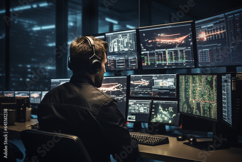 Rear view of male security guard wearing headphones and looking at monitors in office