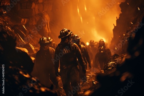 Firefighters extinguish a fire in a cave. Selective focus.