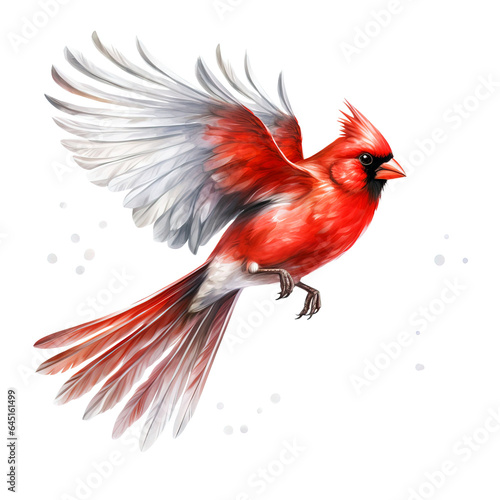 Northern Cardinal Bird Flying Watercolor Winter Clipart isolated on Transparent Background.