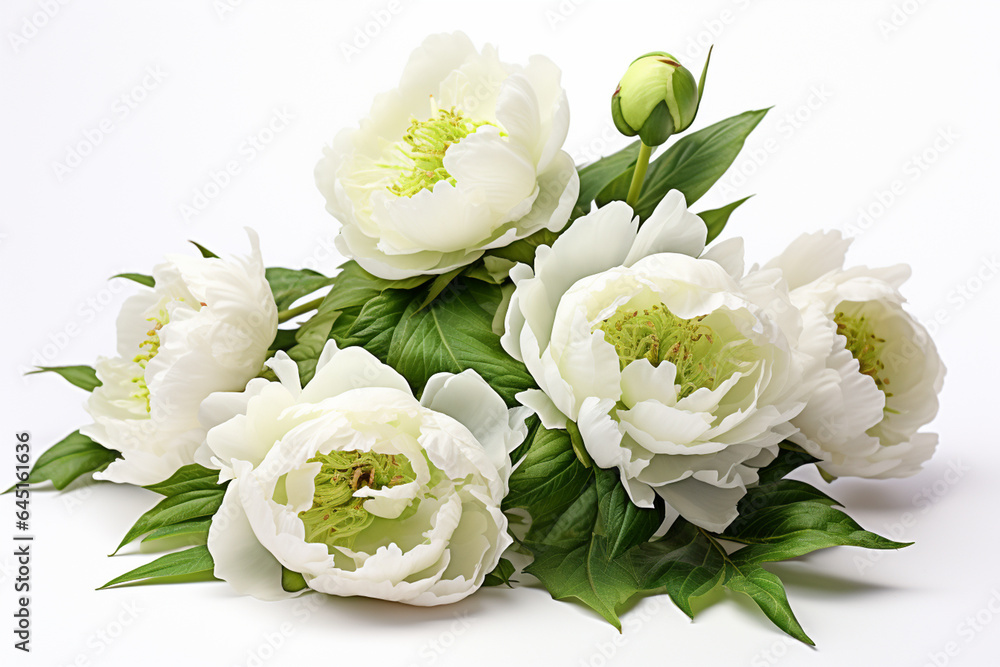 White peony flowers with green leaves on white background, top view White peony flowers with green leaves on white background, top view