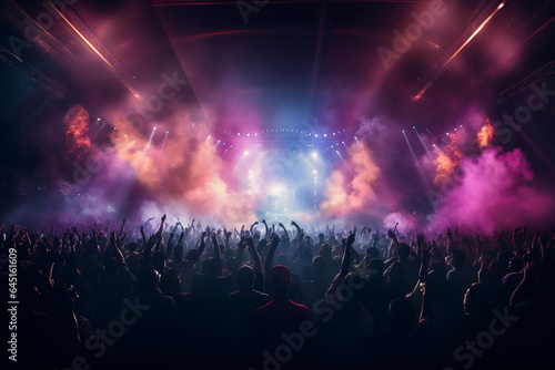 Concert crowd in front of a bright stage with lights and smoke © Creative