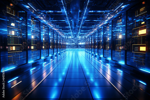 Digital server room data center with rows of hard drives 3d rendering image