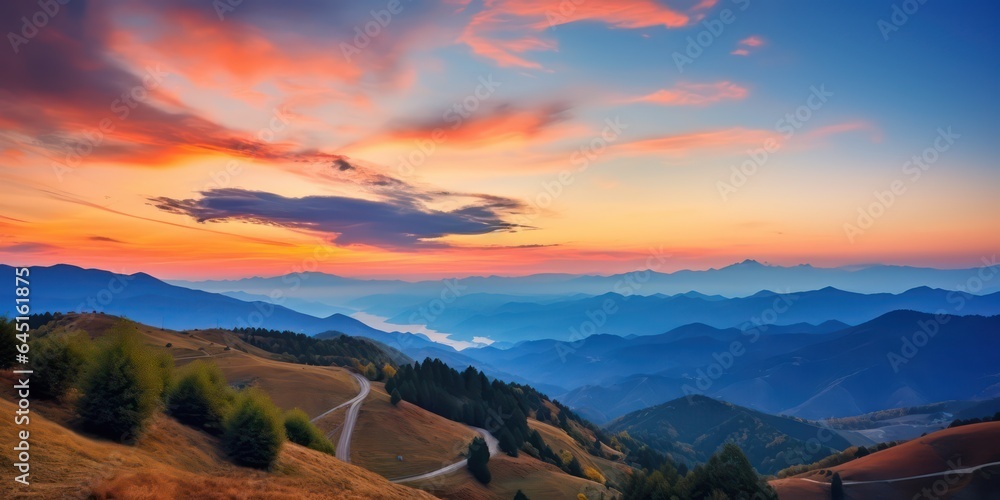Incredible mountain landscape with hilly roads and blue mountains at dawn. AI Generation 